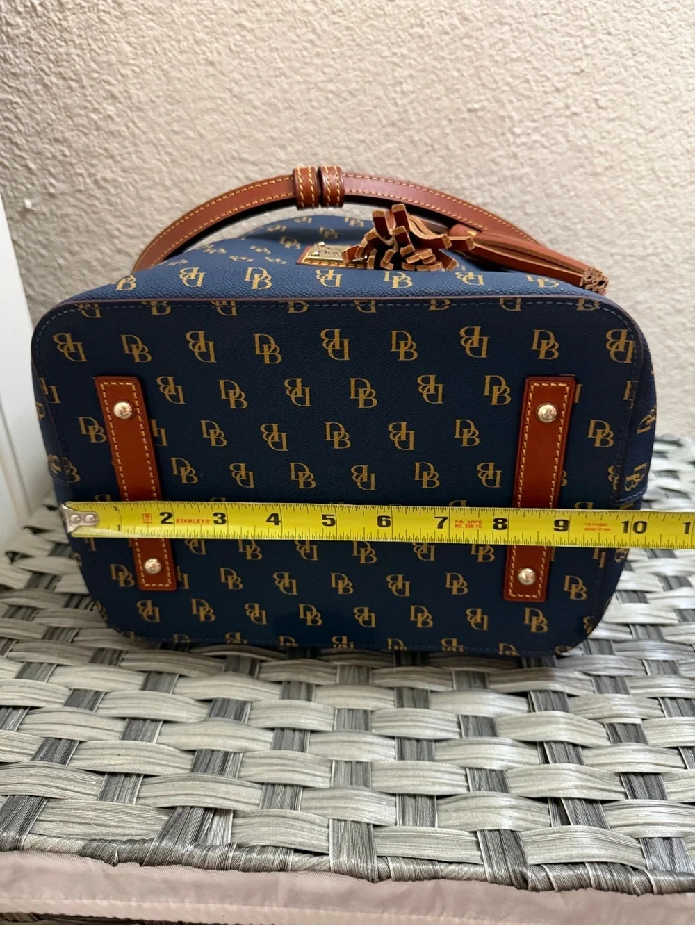 Dooney & Bourke Gretta Navy and Brown Monogram Drawstring Bucket Bag - Picture 7 of 14